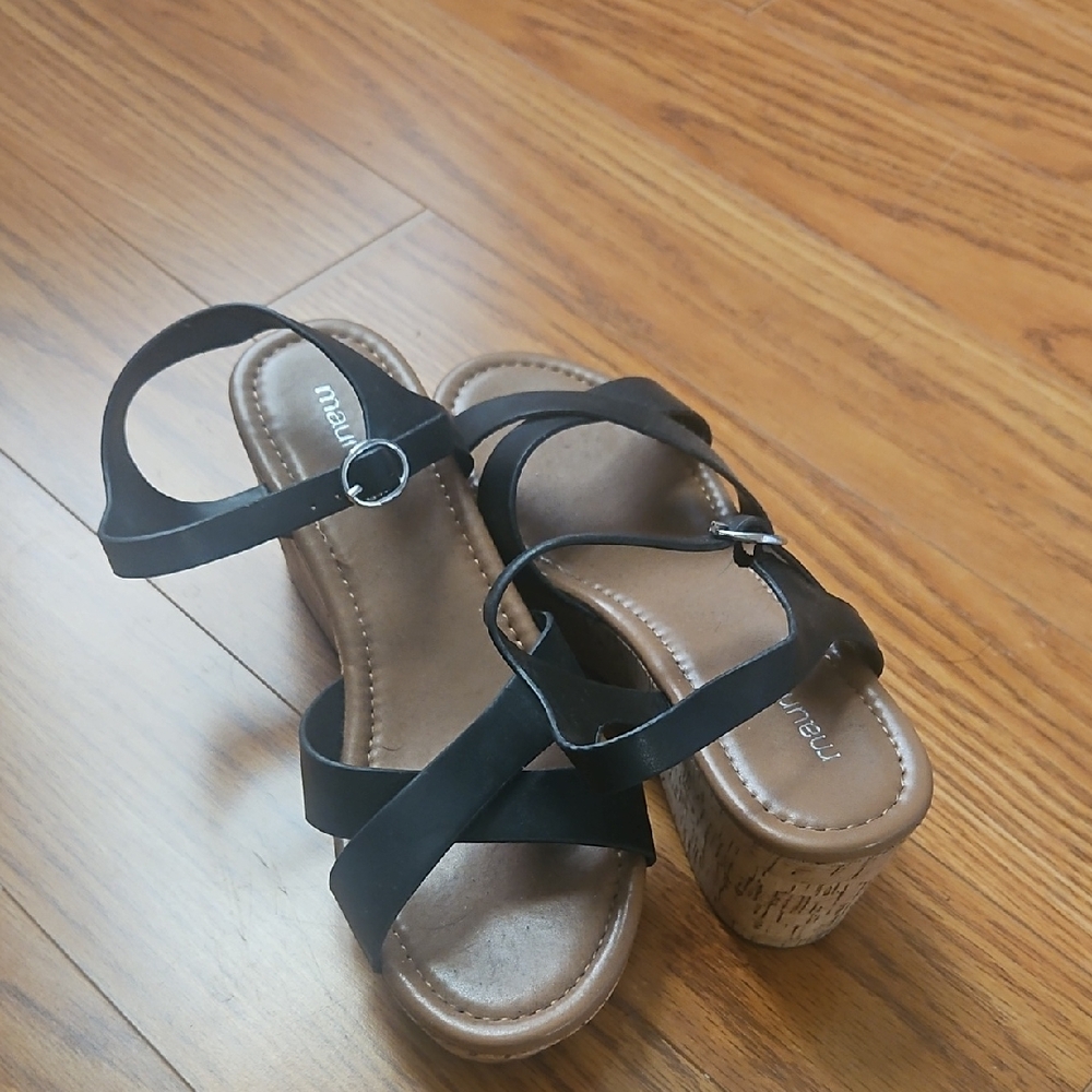 Black Strappy Sandals with Cork Wedge